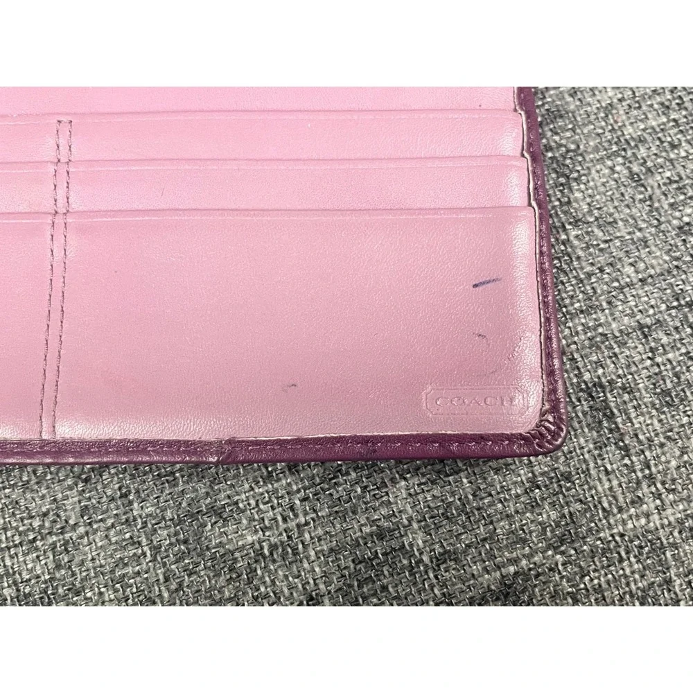 Coach Purple Leather Trifold Wallet Gold Push Lock Flap Long Organizer Wallet